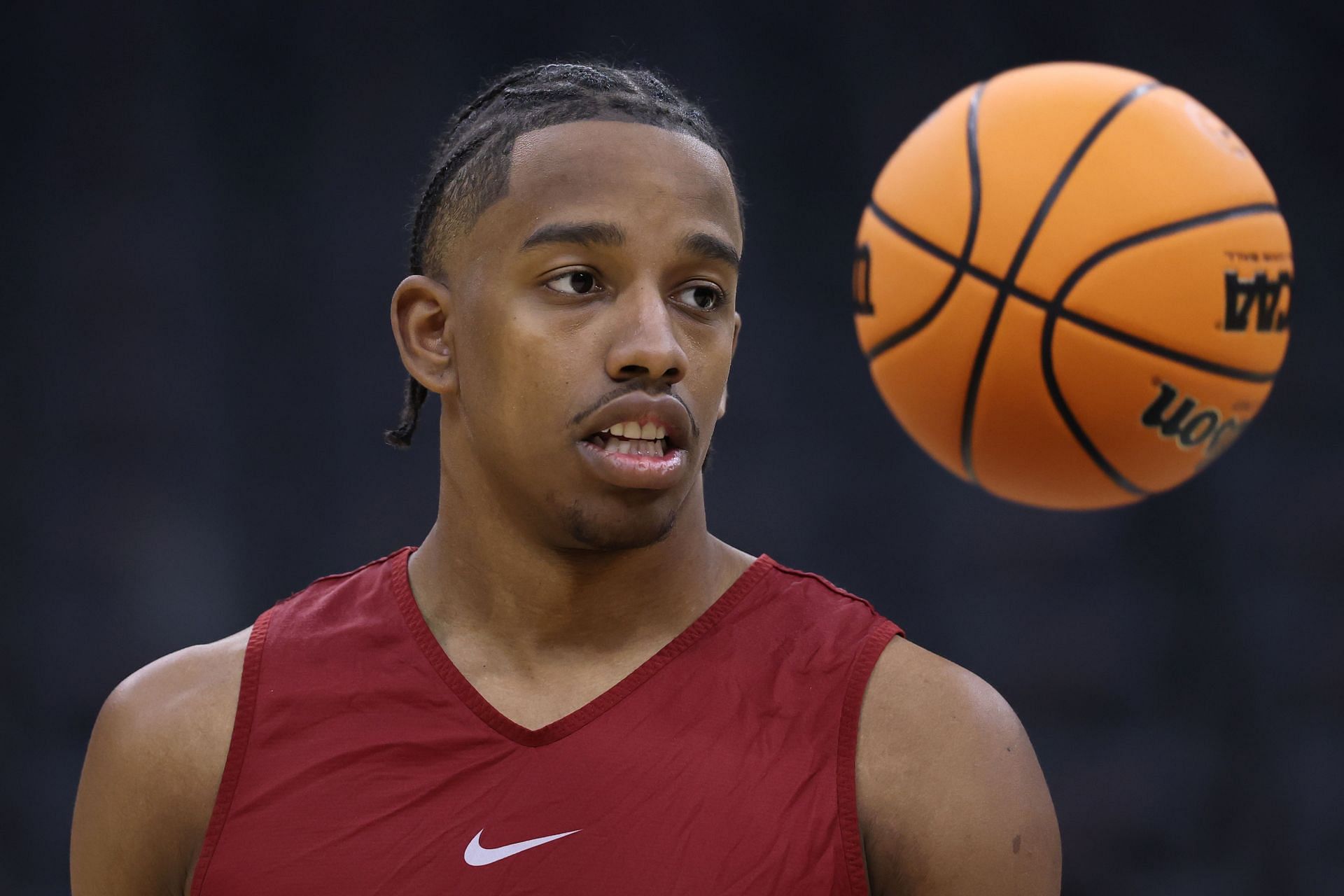 Derrion Reid #35 of the Alabama Crimson Tide looks on during a practice session ahead of their Sweet 16 game in the 2025 NCAA Tournament. Photo: Getty
